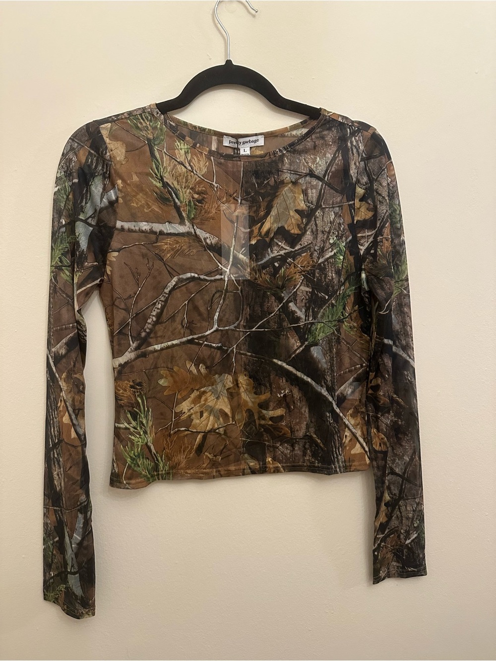 Pretty Garbage L Realistic Tree Camo Sheer Mesh Long Sleeve Crop Top Y2K NWT